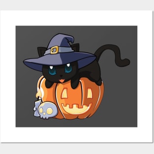 Black Cat on a Pumpkin Posters and Art